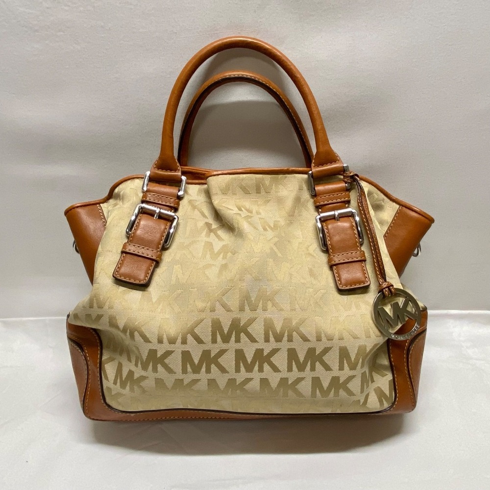 Michael Kors Brookville Large Tote Bag MK Saddle Khaki Canvas Brown Leather EUC